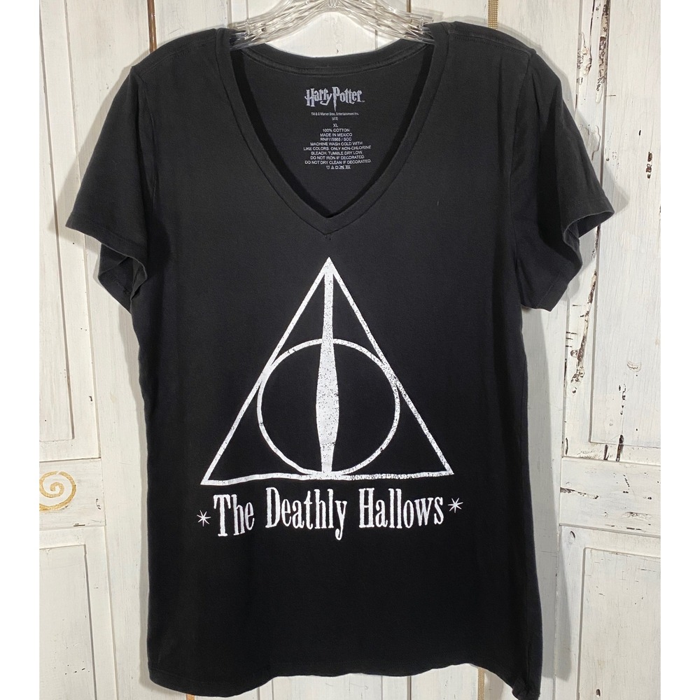 Harry Potter Deathly Hallows‎ Black V-Neck Graphic T-Shirt XL Cotton Warner Bros